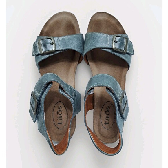 Taos Womens 8-8.5 Buckle Up Wedge Sandals Turquoise Blue Ankle Strap Heels - Picture 8 of 10